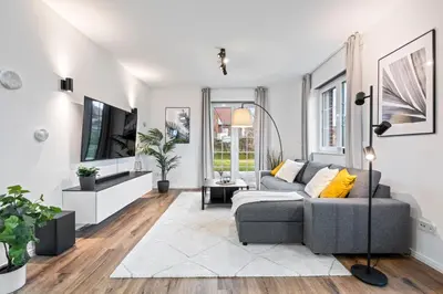 Ein Sitzbereich in der Unterkunft Ferienwohnung Strandnest Rosenhagen bei Travemünde
