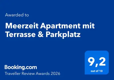 Ein Zertifikat, Auszeichnung, Logo oder anderes Dokument, das in der Unterkunft Meerzeit Apartment mit Terrasse & Parkplatz ausgestellt ist
