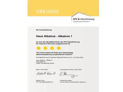 Ein Zertifikat, Auszeichnung, Logo oder anderes Dokument, das in der Unterkunft Haus Albatros Ferienwohnungen ausgestellt ist