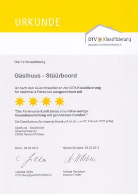 Ein Zertifikat, Auszeichnung, Logo oder anderes Dokument, das in der Unterkunft Gästhuus - Urlaub aan de Ostsee ausgestellt ist