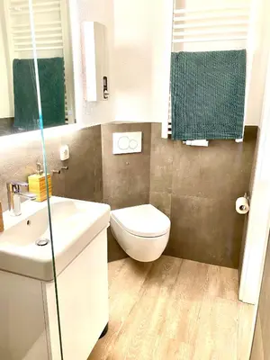 Ein Badezimmer in der Unterkunft Studio mit Panorama-Meerblick und direkter Strandlage in Scharbeutz