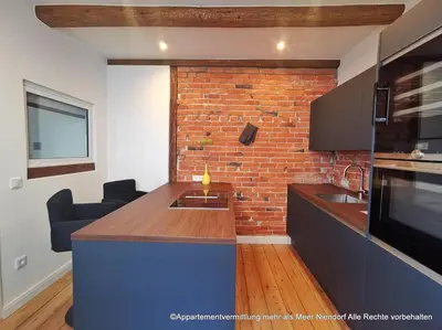 Küche/Küchenzeile in der Unterkunft Ferienhaus Urban Fewo Beletage 2 bis 6 Personen mit Panorama Meerblick WLAN gegenüber vom Strand